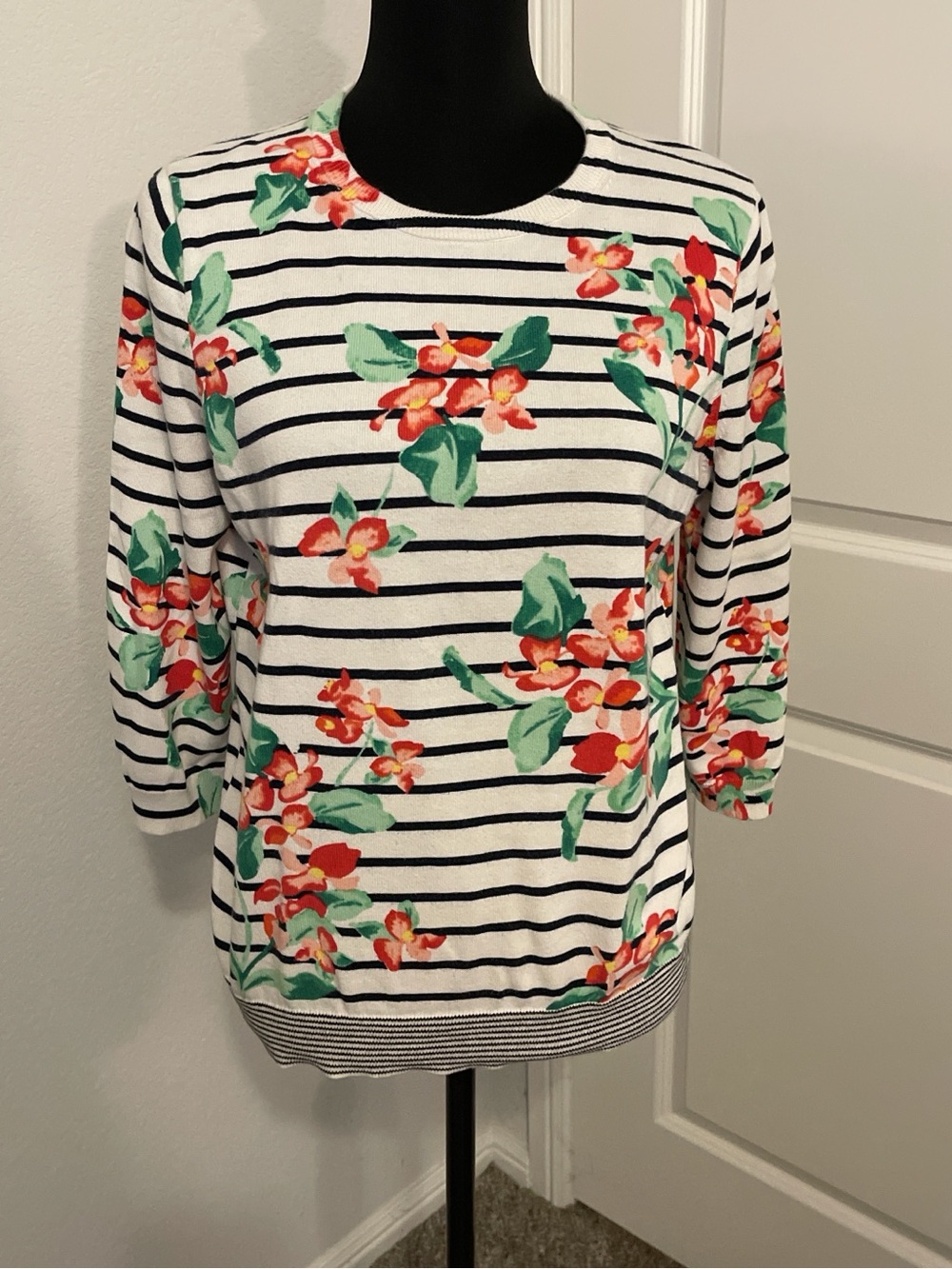 Lands' End Striped Floral Crewneck Sweatshirt in White, Black, Red and Green